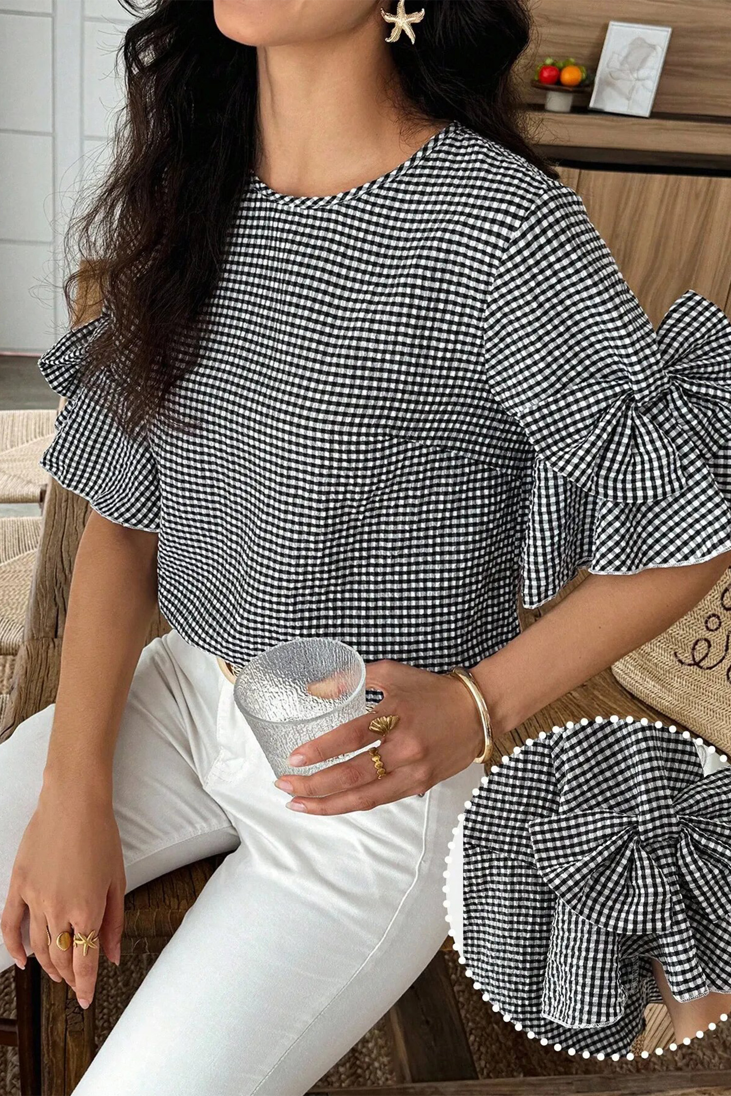 Women's Black Plaid Ruffled Blouse – Casual Half Sleeve Round Neck Top, Stylish Gift for Her - Detail View 6 Women's Black Plaid Ruffled Blouse – Casual Half Sleeve Round Neck Top, Stylish Gift for Her - Detail View 6