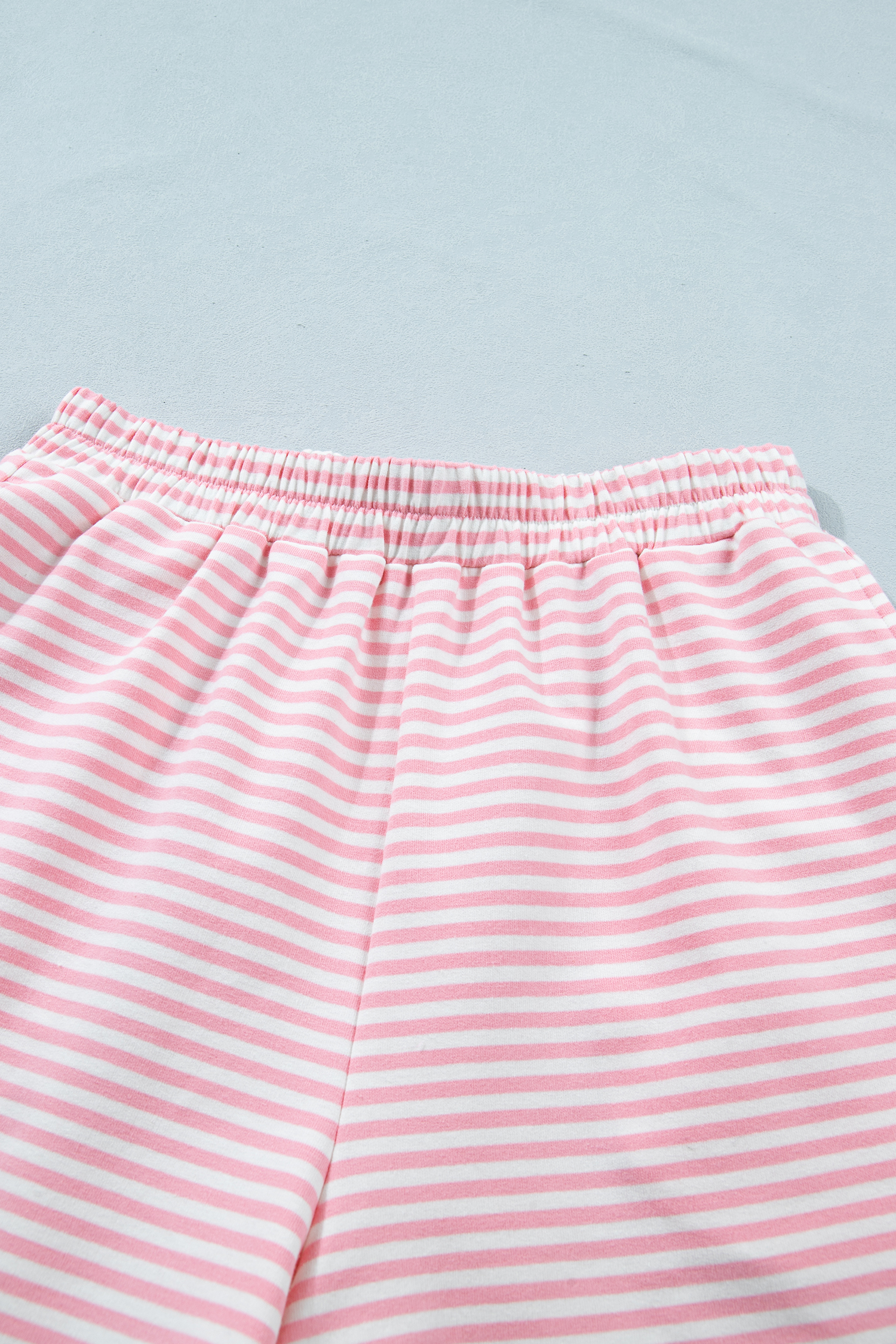Women's Summer Lounge Set – Pink Striped Mock Neck Tee and Shorts, Comfortable 2-Piece Outfit - Detail View 12 Women's Summer Lounge Set – Pink Striped Mock Neck Tee and Shorts, Comfortable 2-Piece Outfit - Detail View 12