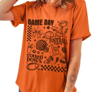Women's Orange Football Graphic Tee, Casual Game Day Top - Main View