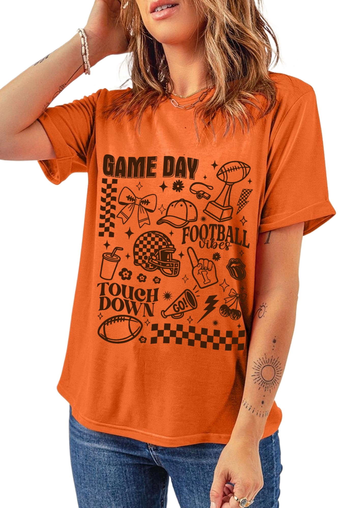 Women's Orange Football Graphic Tee, Casual Game Day Top - Main View Women's Orange Football Graphic Tee, Casual Game Day Top - Main View