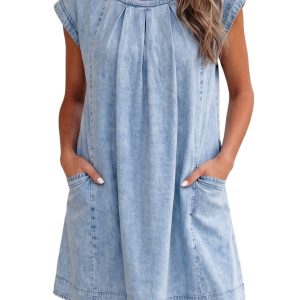 Women's Denim Shift Dress – Casual Pleated Summer Mini Dress - Main View