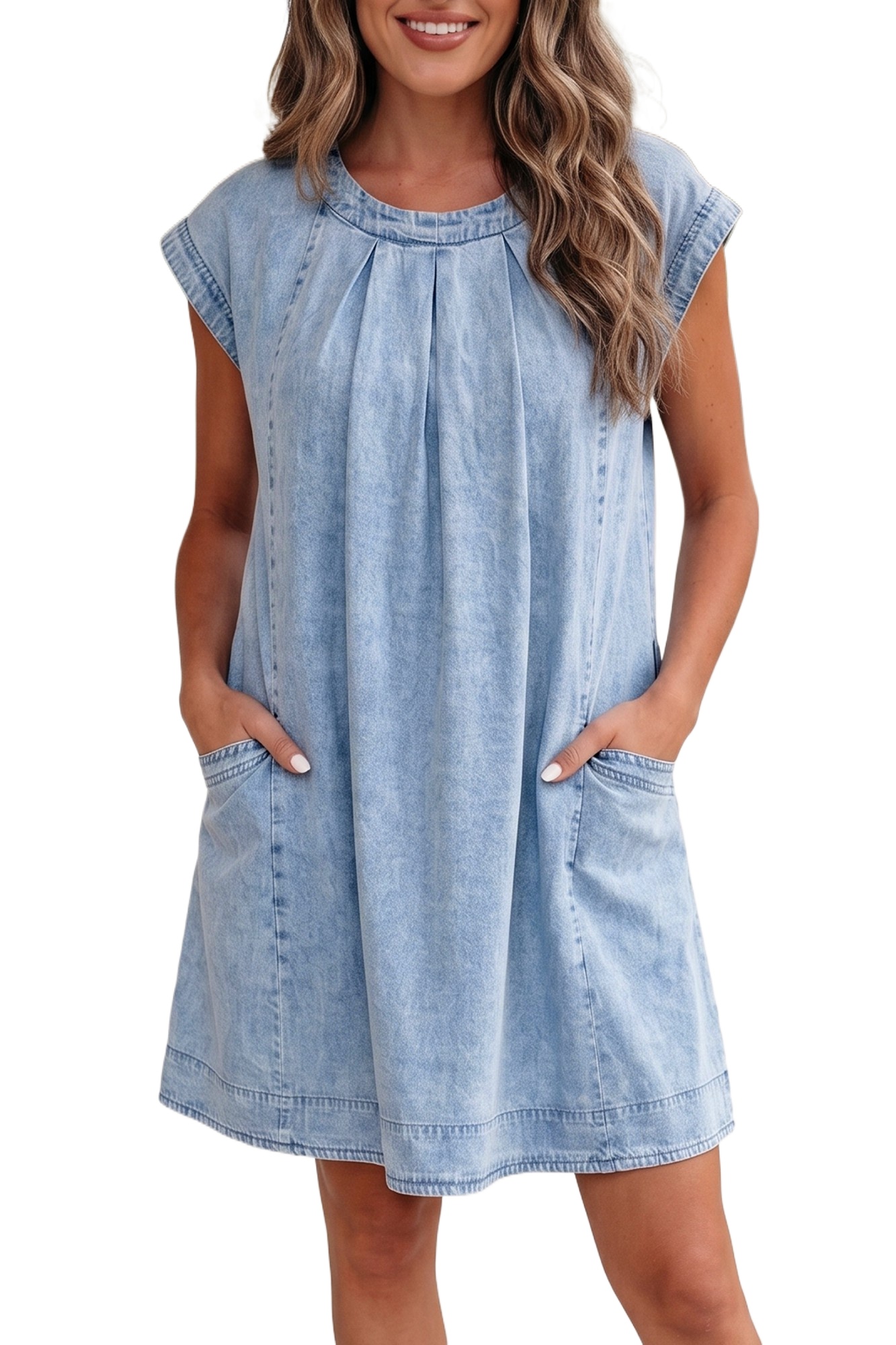 Women's Denim Shift Dress – Casual Pleated Summer Mini Dress - Main View Women's Denim Shift Dress – Casual Pleated Summer Mini Dress - Main View