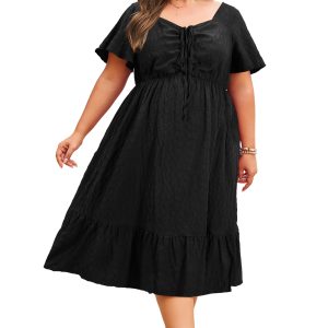 Elegant Black Plus Size Midi Dress with Lace-up Detail – Ideal for Summer Outings - Main View