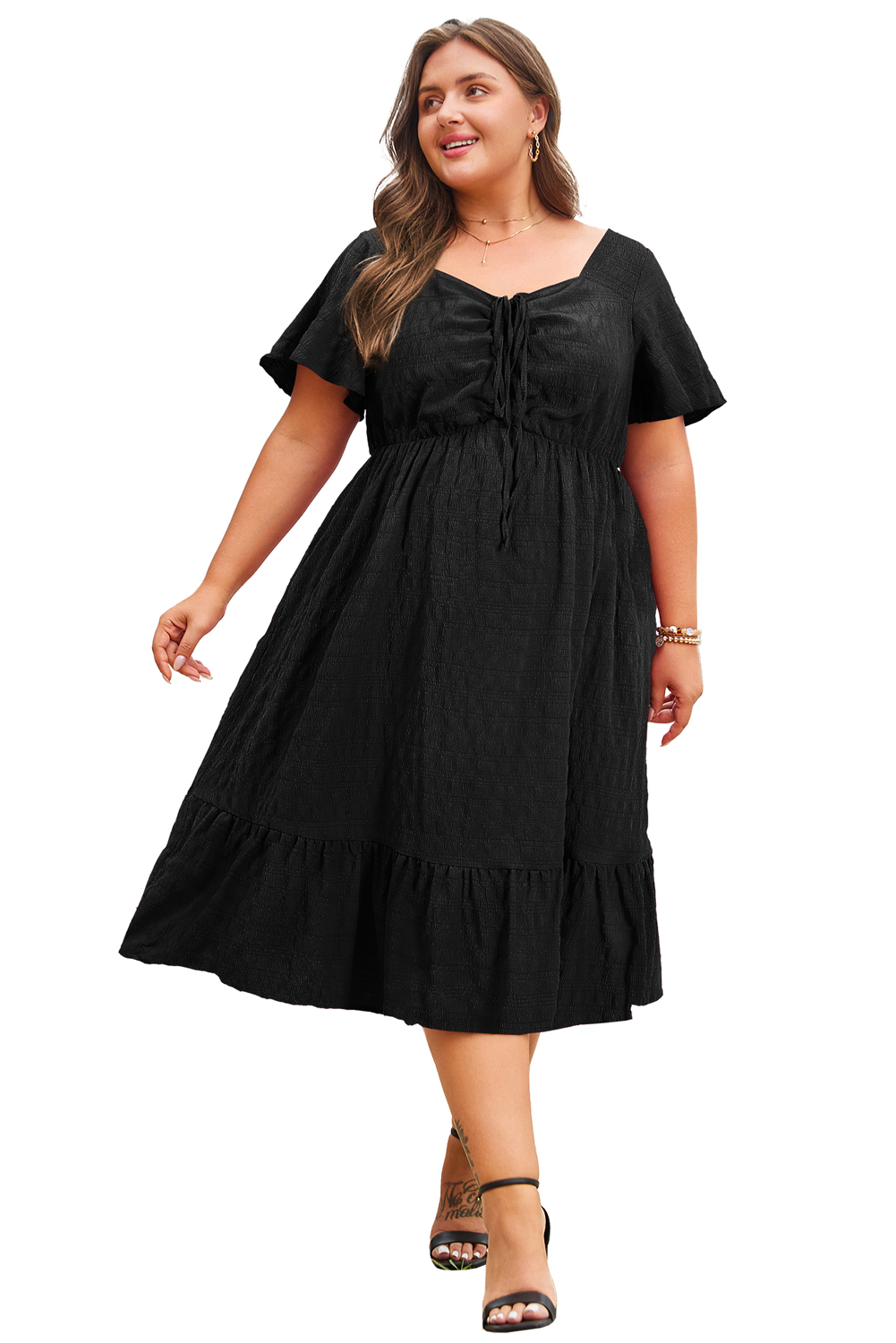 Elegant Black Plus Size Midi Dress with Lace-up Detail – Ideal for Summer Outings - Main View Elegant Black Plus Size Midi Dress with Lace-up Detail – Ideal for Summer Outings - Main View