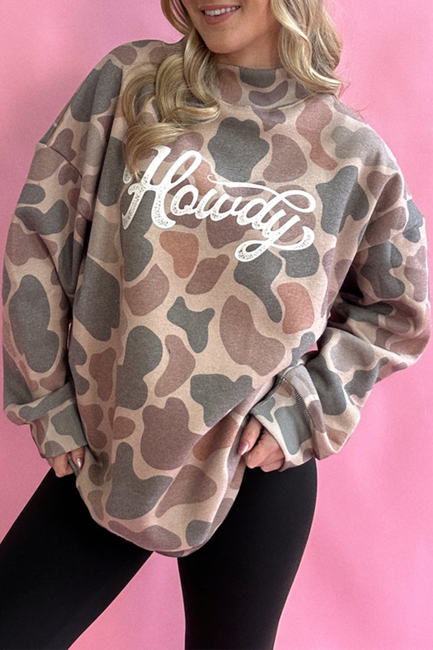Western Style Howdy Sweatshirt – Women's Camo Print Pullover - Detail View 8 Western Style Howdy Sweatshirt – Women's Camo Print Pullover - Detail View 8