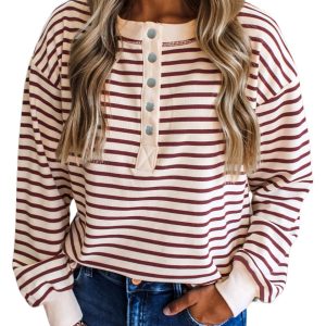 Women's Red Dahlia Striped Henley Top – Drop Shoulder Long Sleeve Casual Shirt for Daily Wear - Main View