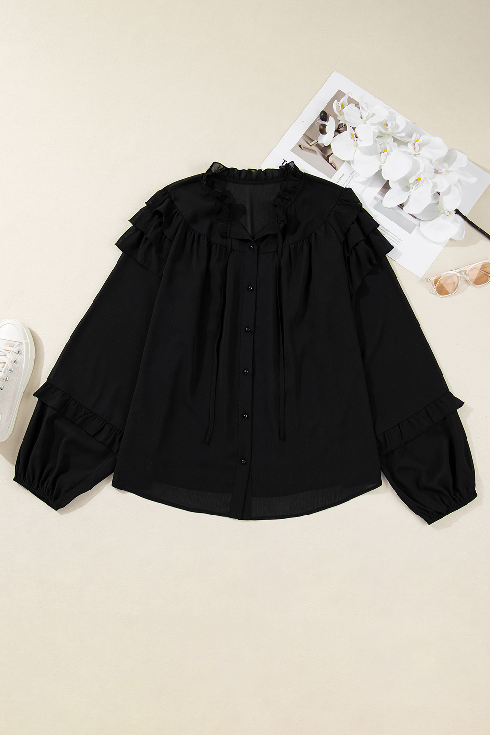Women's Black Chiffon Plus Size Shirt with Ruffle Balloon Sleeves – Elegant Daily Wear - Detail View 10 Women's Black Chiffon Plus Size Shirt with Ruffle Balloon Sleeves – Elegant Daily Wear - Detail View 10