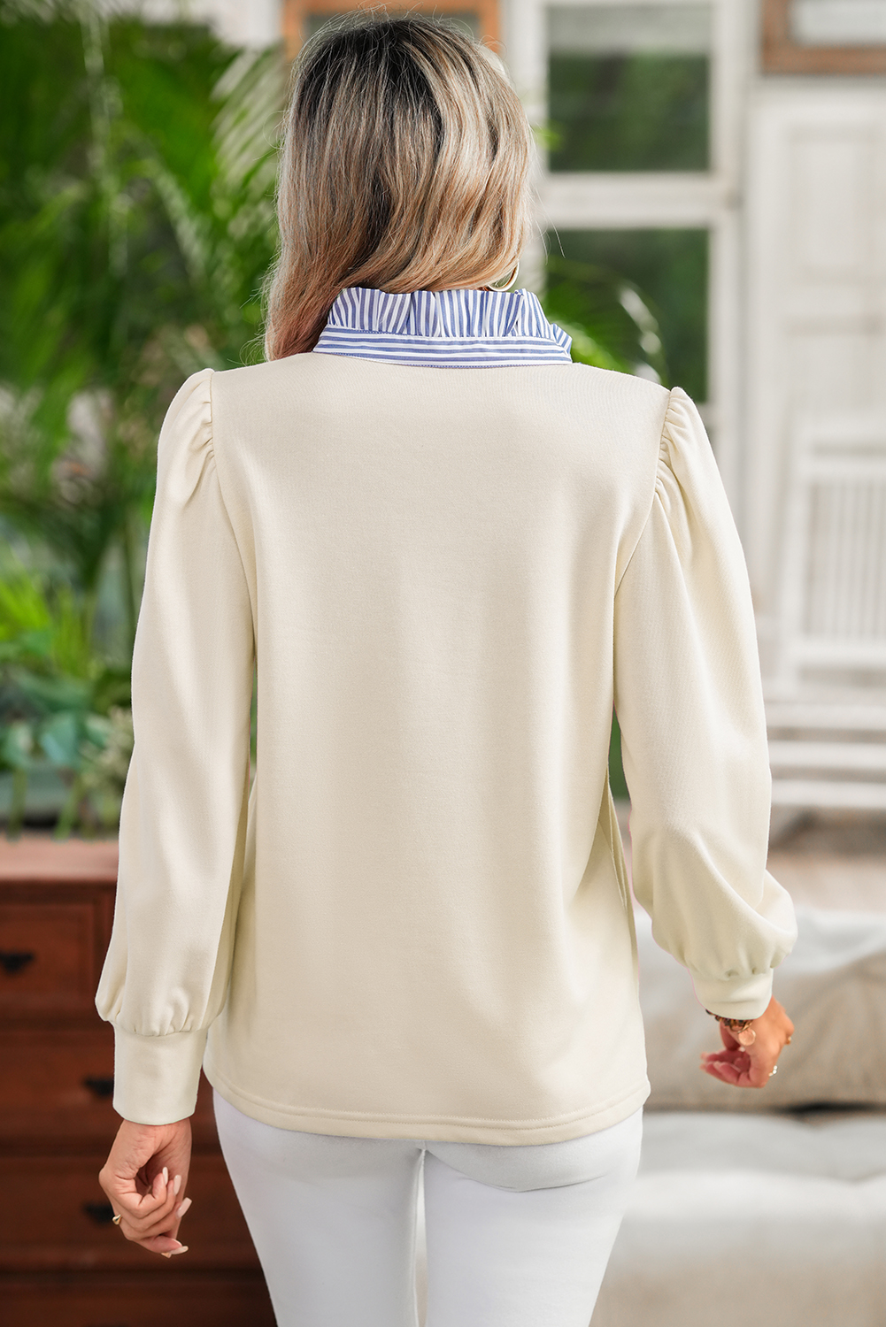 Casual Long Sleeve Sweatshirt with Striped Collar and Ruffle Details - Detail View 2 Casual Long Sleeve Sweatshirt with Striped Collar and Ruffle Details - Detail View 2