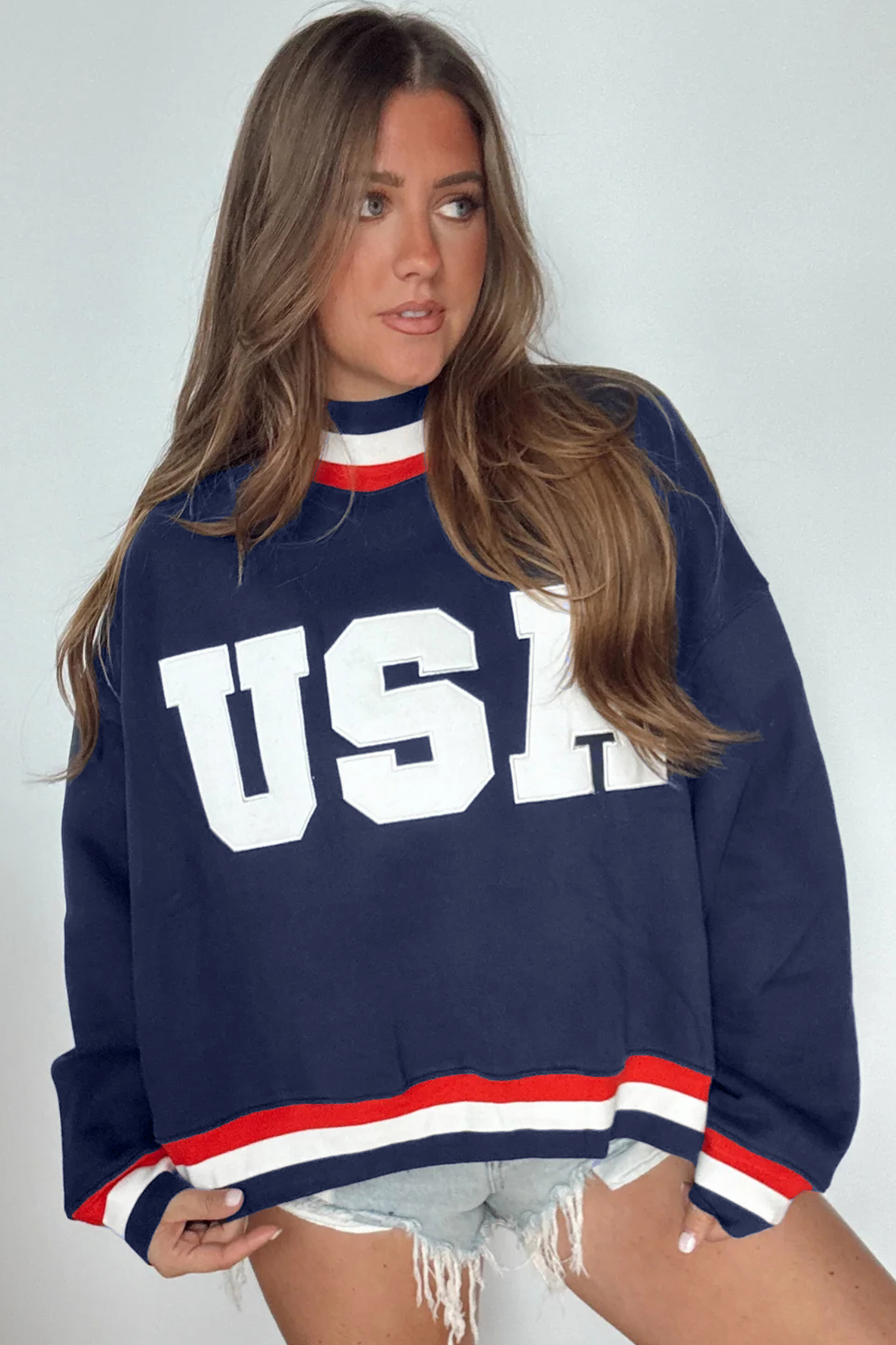 Women's Cotton Blend Sweatshirt, Cozy High Neck Pullover - Detail View 6 Women's Cotton Blend Sweatshirt, Cozy High Neck Pullover - Detail View 6