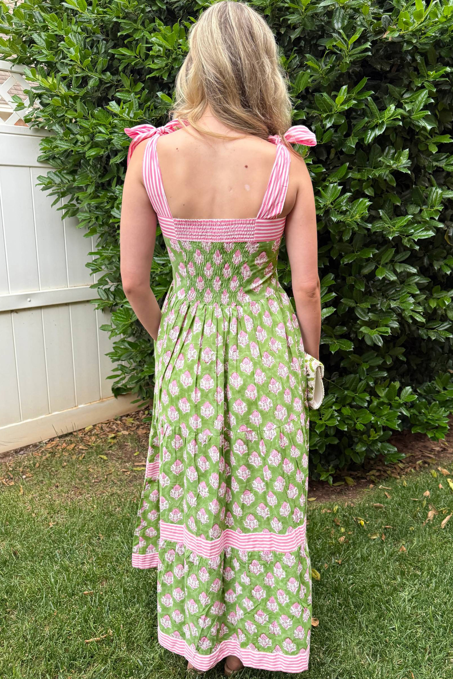 Casual Summer Maxi Dress for Women – Floral Patchwork Shift Dress with Striped Knot Detail - Detail View 2 Casual Summer Maxi Dress for Women – Floral Patchwork Shift Dress with Striped Knot Detail - Detail View 2