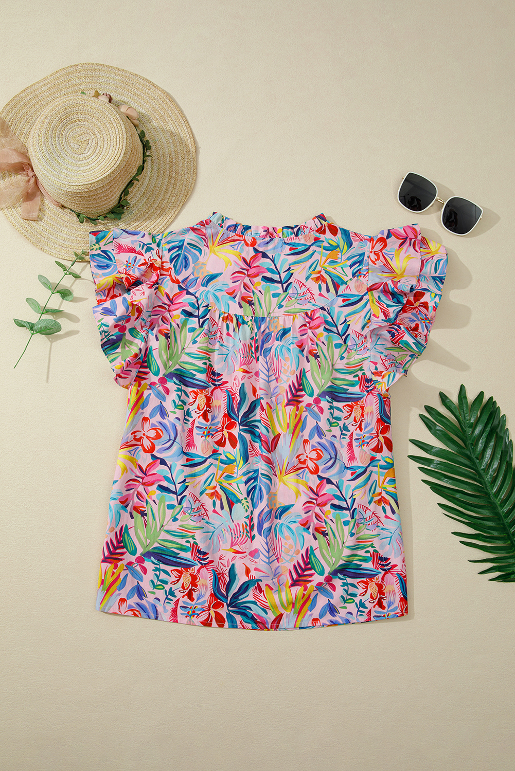 Casual Pink Floral Ruffled Blouse for Women – Stylish V Neck Short Sleeve Top for Vacation - Detail View 5 Casual Pink Floral Ruffled Blouse for Women – Stylish V Neck Short Sleeve Top for Vacation - Detail View 5