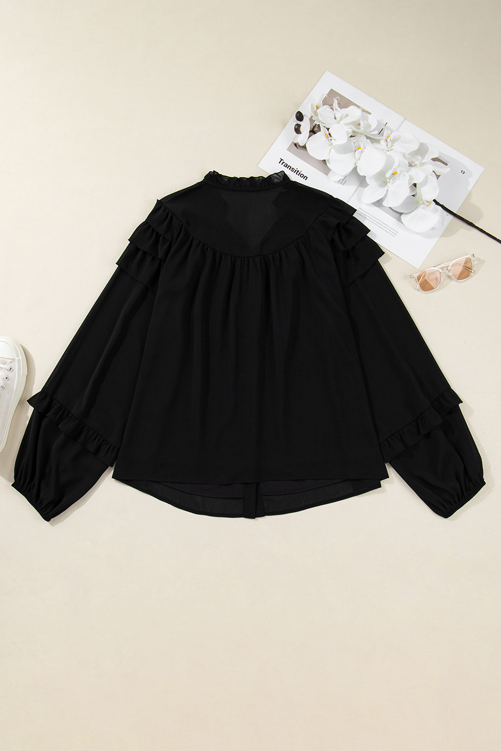 Elegant Black V-Neck Plus Size Blouse for Women – Ruffle Long Sleeve Casual Style - Detail View 11 Elegant Black V-Neck Plus Size Blouse for Women – Ruffle Long Sleeve Casual Style - Detail View 11