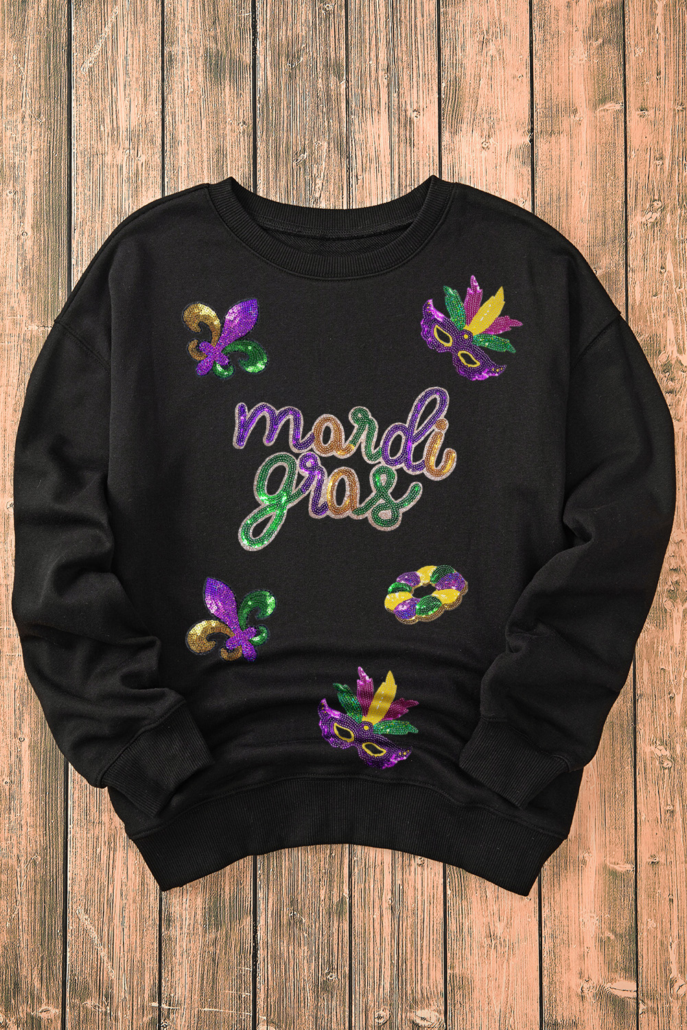 Sparkling Black Pullover Sweatshirt with Mardi Gras Fleur de Lis Design - Detail View 6 Sparkling Black Pullover Sweatshirt with Mardi Gras Fleur de Lis Design - Detail View 6