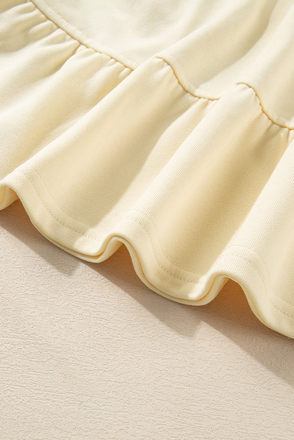 Women's Beige Double Tiered Ruffle Hem Long Sleeve Mini Dress - Casual Fall Fashion - Detail View 13 Women's Beige Double Tiered Ruffle Hem Long Sleeve Mini Dress - Casual Fall Fashion - Detail View 13