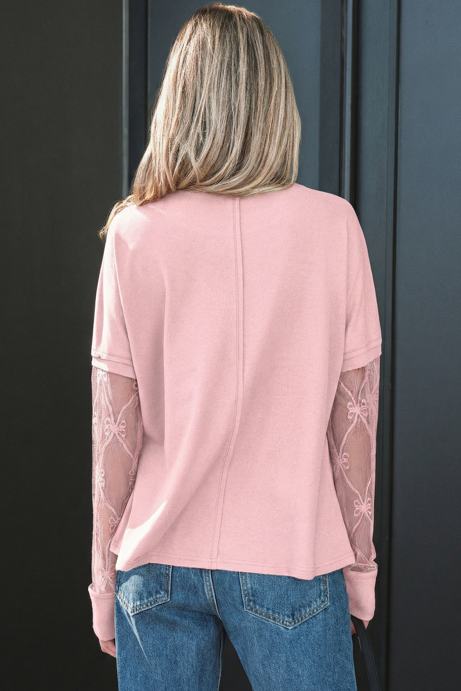 Chic Light Pink Solid Color Long Sleeve Tee with Bow Detail – Perfect for Casual Outings - Detail View 2 Chic Light Pink Solid Color Long Sleeve Tee with Bow Detail – Perfect for Casual Outings - Detail View 2