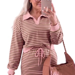 Women's Striped Polo Set, Casual Long Sleeve Mini Skort - Main View