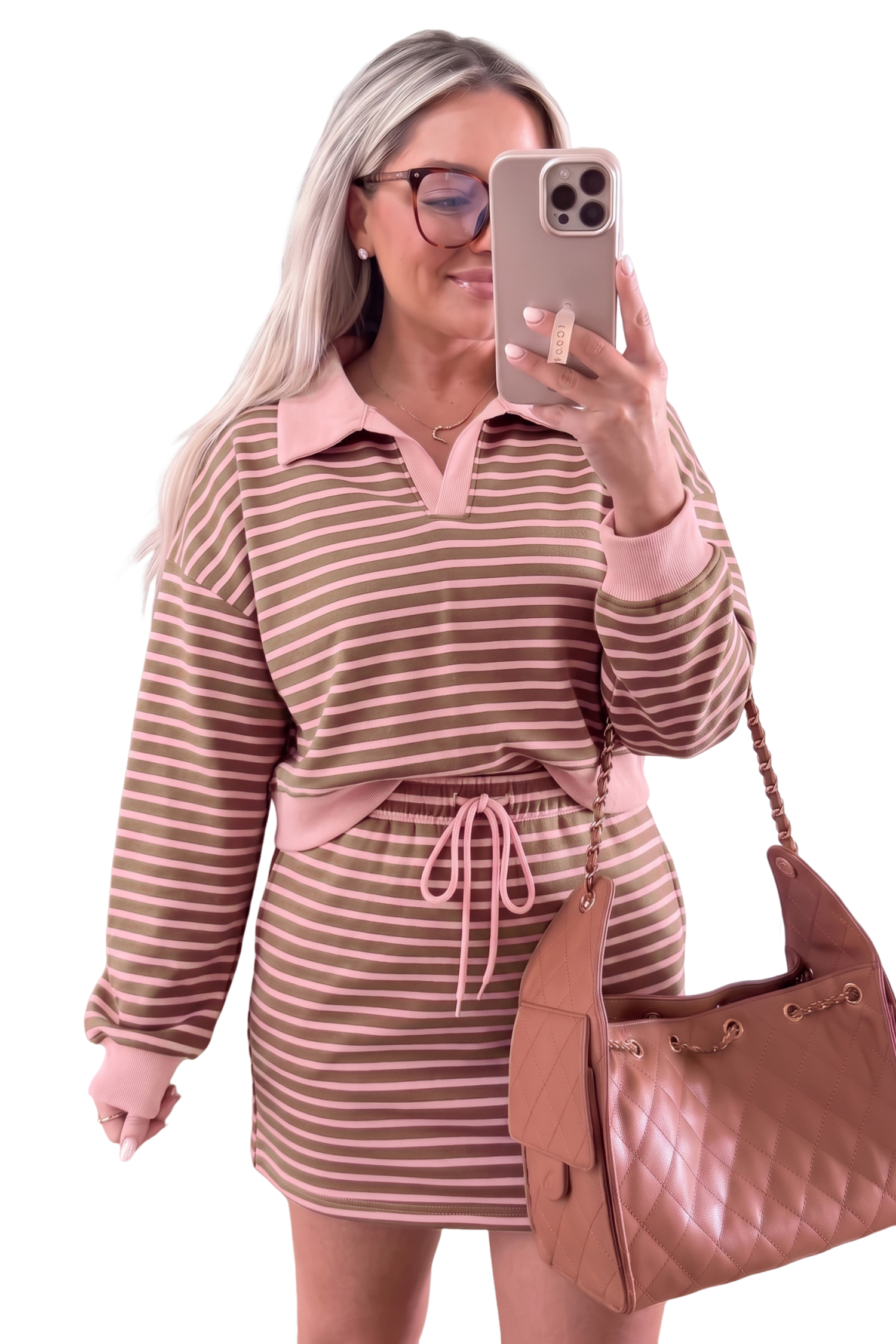 Women's Striped Polo Set, Casual Long Sleeve Mini Skort - Main View Women's Striped Polo Set, Casual Long Sleeve Mini Skort - Main View