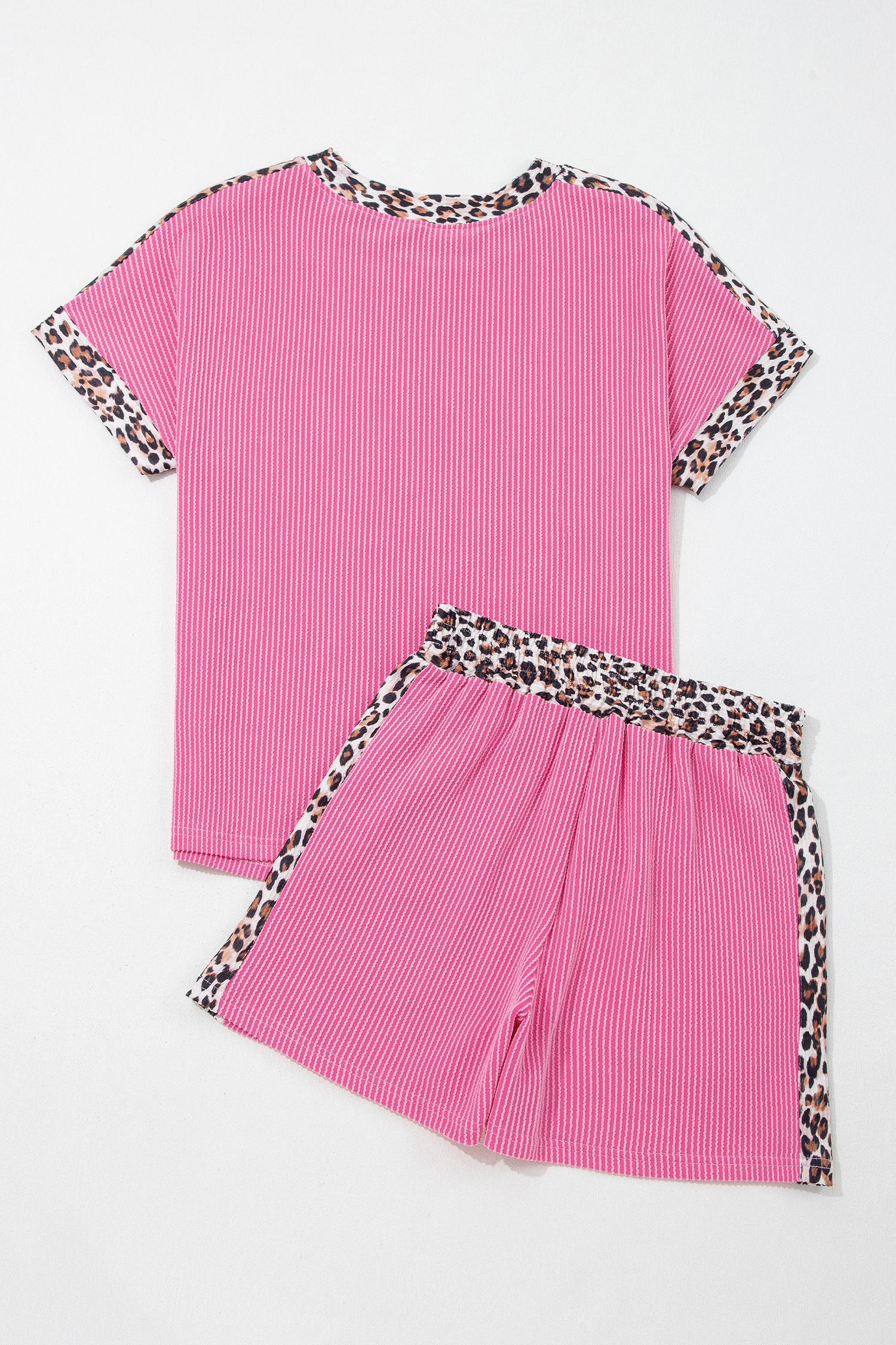 Summer Women's Sachet Pink Short Set – Leopard Print Trim, Ribbed 2 Piece Outfit, Casual Gift for Her - Detail View 5 Summer Women's Sachet Pink Short Set – Leopard Print Trim, Ribbed 2 Piece Outfit, Casual Gift for Her - Detail View 5