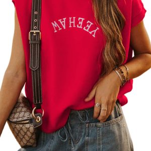 Women's Fiery Red YEEHAW Short Sleeve Sweater – Stylish Embroidered Letter Design for Casual Days - Main View