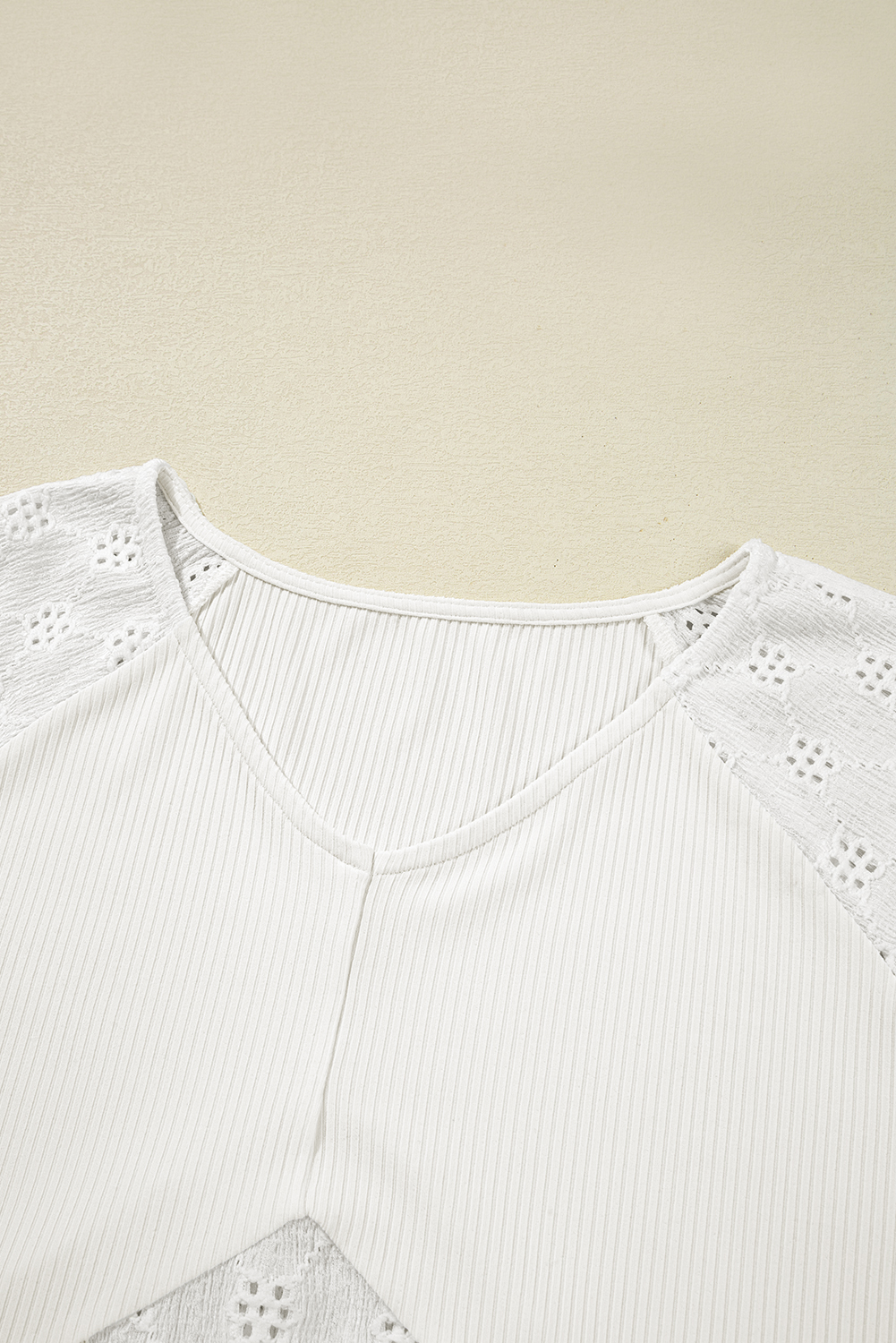 Women's White Twisted Rib Patchwork Embroidered V Neck Long Sleeve Top - Detail View 13 Women's White Twisted Rib Patchwork Embroidered V Neck Long Sleeve Top - Detail View 13