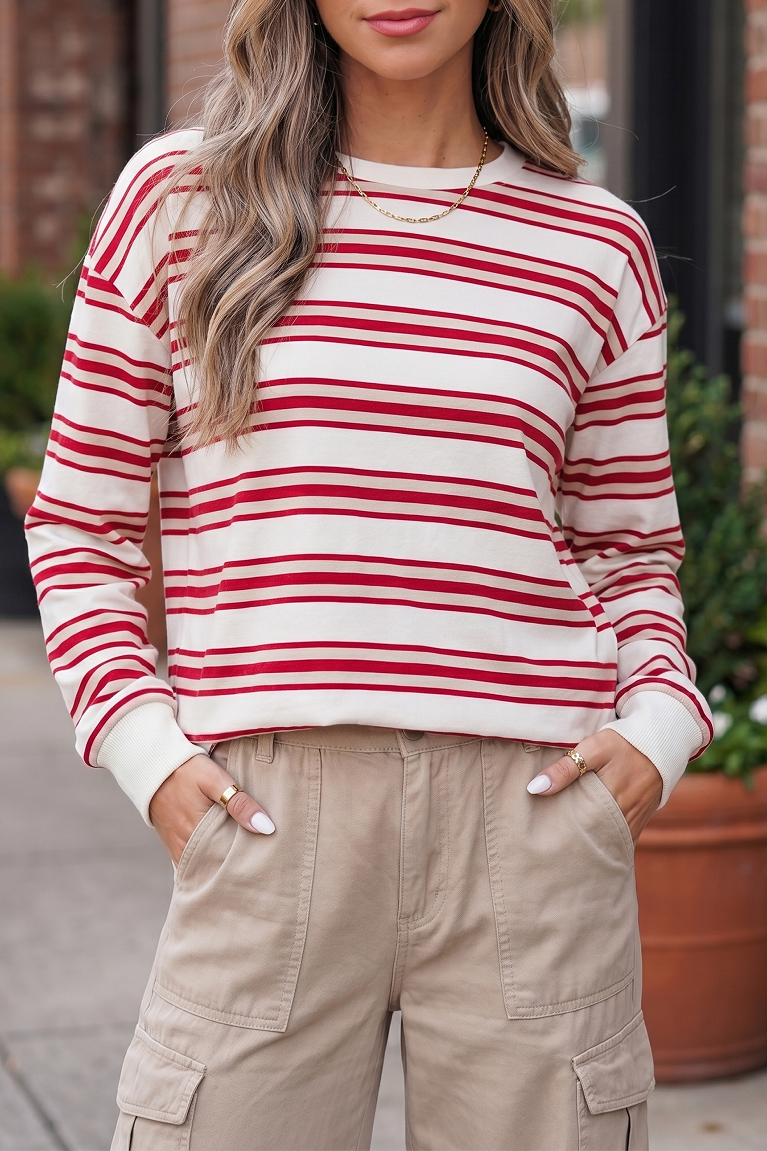Women's Striped Crew Neck Pullover – Relaxed Daily Fall Top - Detail View 9 Women's Striped Crew Neck Pullover – Relaxed Daily Fall Top - Detail View 9