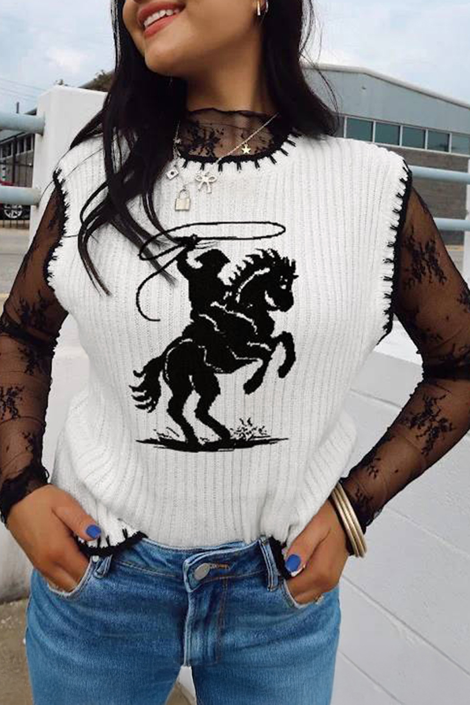 Sleeveless Western Print Sweater Vest for Women – Casual White Contrast Trim Knit Top - Detail View 2 Sleeveless Western Print Sweater Vest for Women – Casual White Contrast Trim Knit Top - Detail View 2