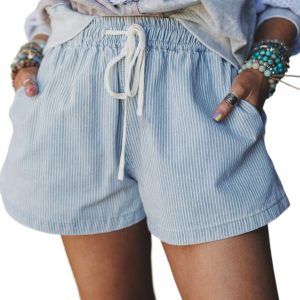 Women's Sky Blue Stripe Denim Shorts – Casual High Waist Drawstring for Summer Outings - Main View