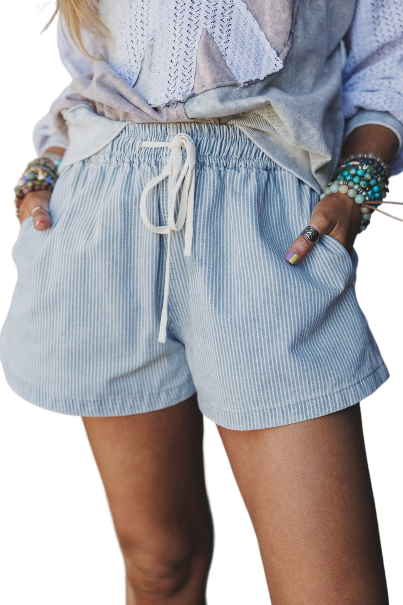 Women's Sky Blue Stripe Denim Shorts – Casual High Waist Drawstring for Summer Outings - Main View Women's Sky Blue Stripe Denim Shorts – Casual High Waist Drawstring for Summer Outings - Main View