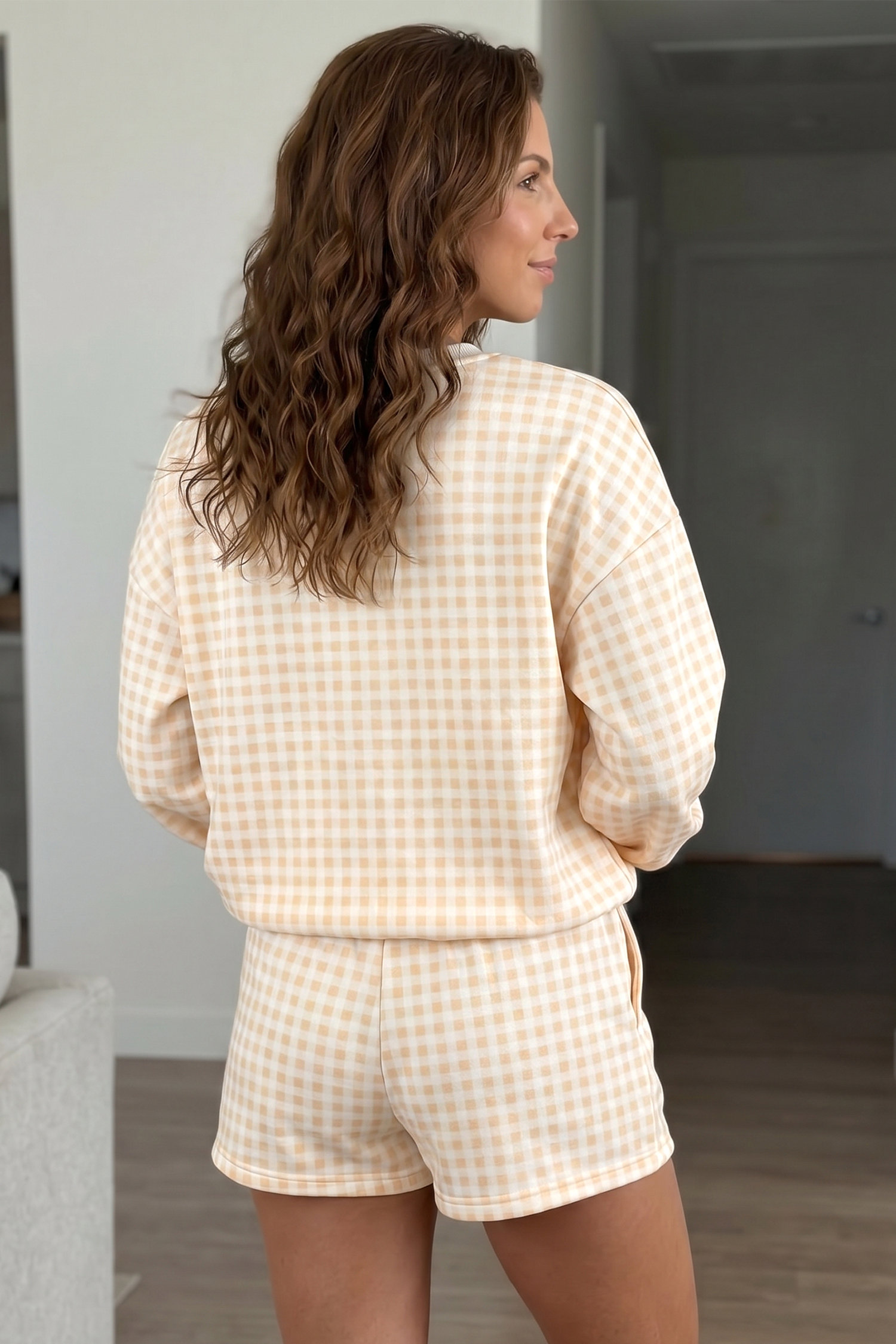 Casual Yellow Plaid Lounge Set – Women's Long Sleeve Top Shorts - Detail View 2 Casual Yellow Plaid Lounge Set – Women's Long Sleeve Top Shorts - Detail View 2