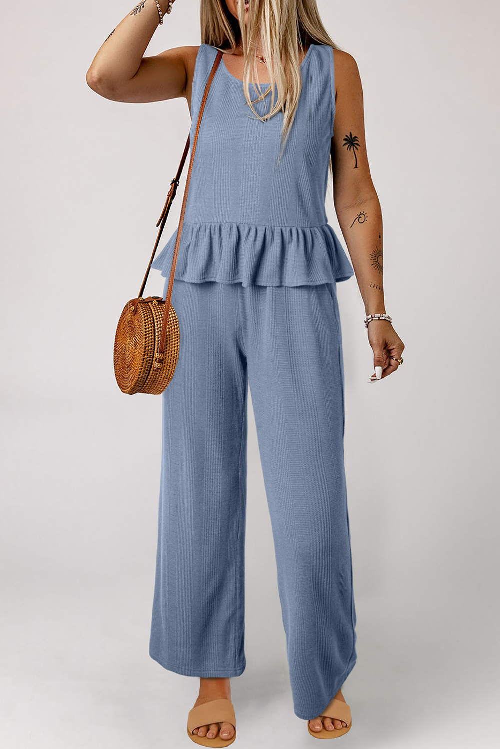 Women's Two-Piece Set, Beau Blue, Solid Color, Ribbed Texture, Ruffle Tank Top, Wide Leg Pants, Casual Loungewear, Summer Fashion, Sleeveless Top, High Waisted Pants, Daily Wear, Comfortable Style, Versatile Outfit - Detail View 4 Women's Two-Piece Set, Beau Blue, Solid Color, Ribbed Texture, Ruffle Tank Top, Wide Leg Pants, Casual Loungewear, Summer Fashion, Sleeveless Top, High Waisted Pants, Daily Wear, Comfortable Style, Versatile Outfit - Detail View 4