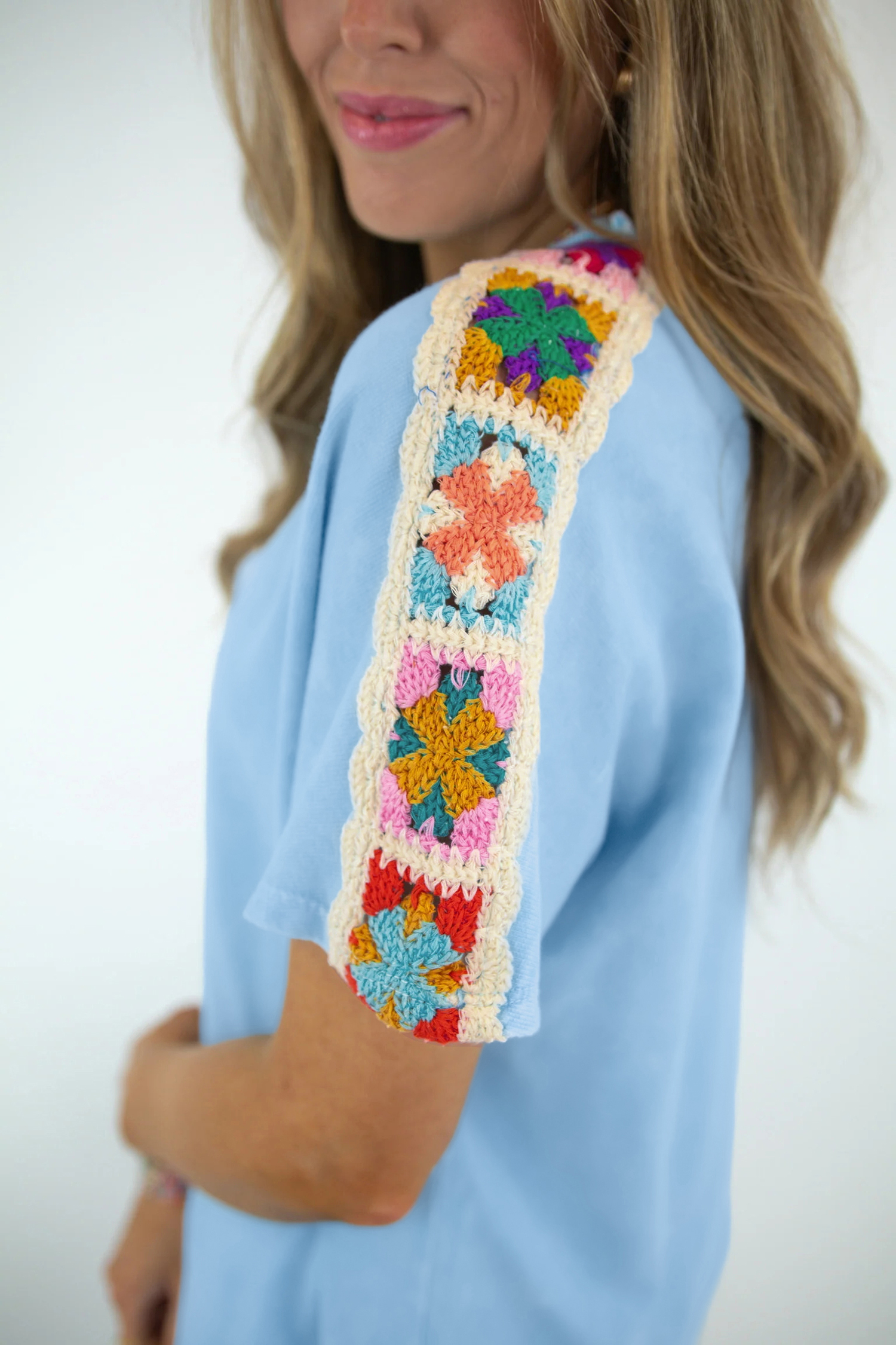 Southern Belle Crochet Granny Square Short Set – Women's Pastel Blue Two-Piece Summer Suit - Detail View 8 Southern Belle Crochet Granny Square Short Set – Women's Pastel Blue Two-Piece Summer Suit - Detail View 8