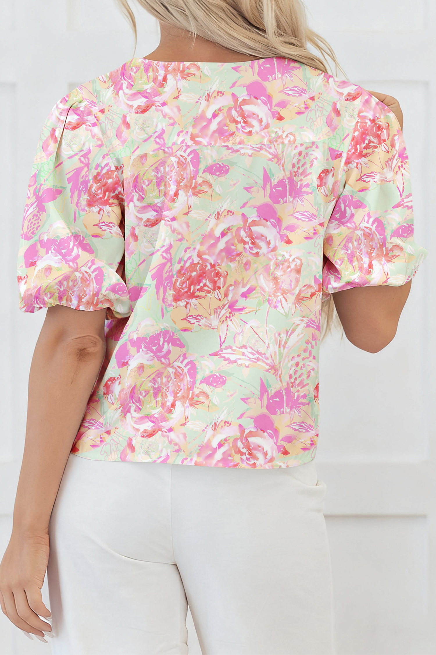 Women's Short Puff Sleeve Floral Blouse in Pink – Ideal for Day and Night Events - Detail View 2 Women's Short Puff Sleeve Floral Blouse in Pink – Ideal for Day and Night Events - Detail View 2