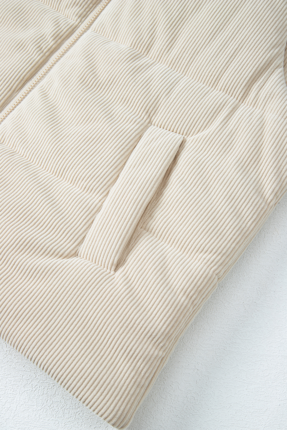 Women's Beige Corduroy Stand Neck Zipped Puffer Vest for Daily Wear - Detail View 10 Women's Beige Corduroy Stand Neck Zipped Puffer Vest for Daily Wear - Detail View 10