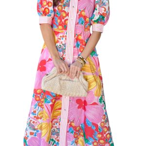 Women's Pink Floral Button Down Maxi Dress, Summer Vacation - Main View