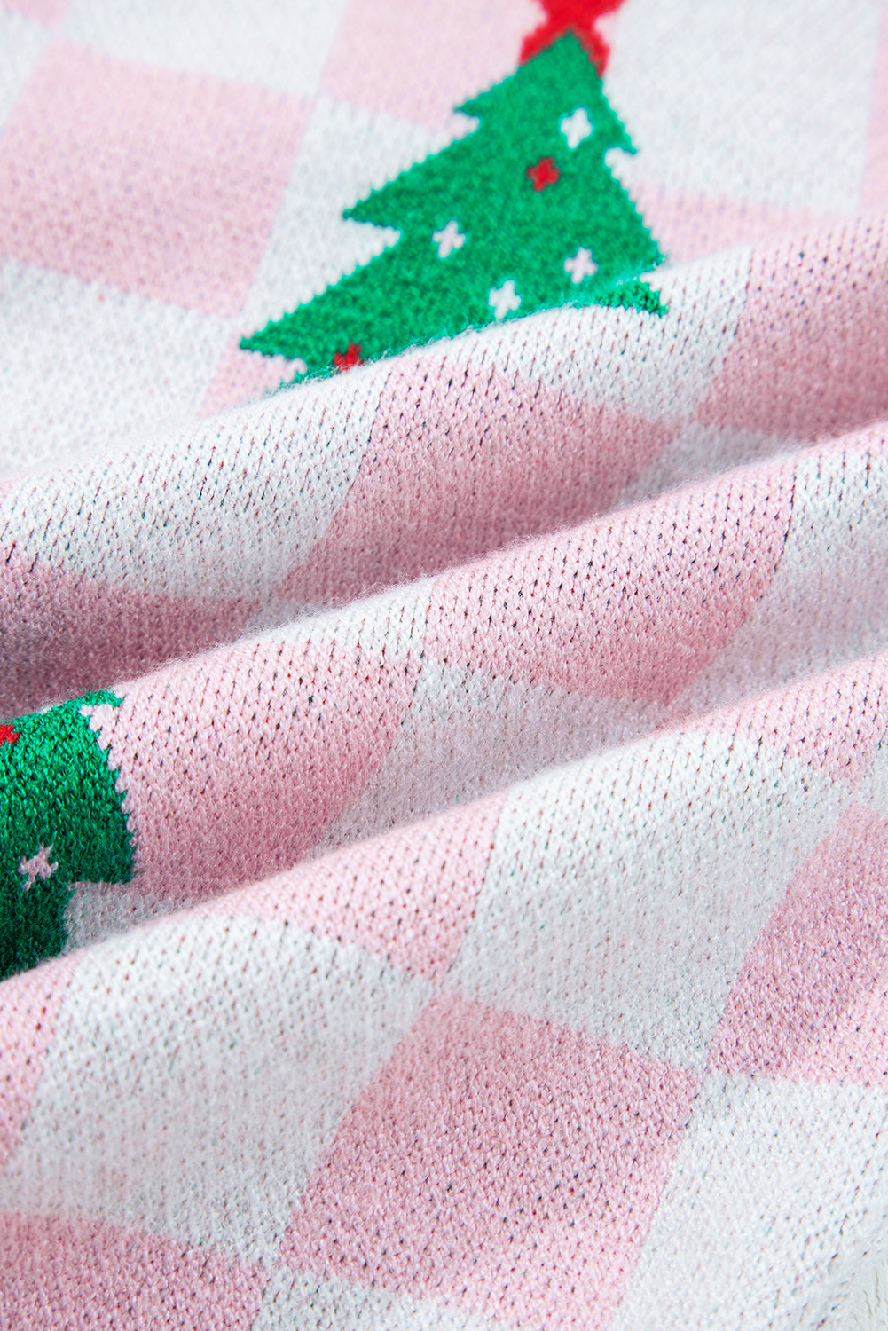 Casual Pink Plaid Cardigan for Women – Button V Neck Sweater with Christmas Tree Pattern - Detail View 8 Casual Pink Plaid Cardigan for Women – Button V Neck Sweater with Christmas Tree Pattern - Detail View 8