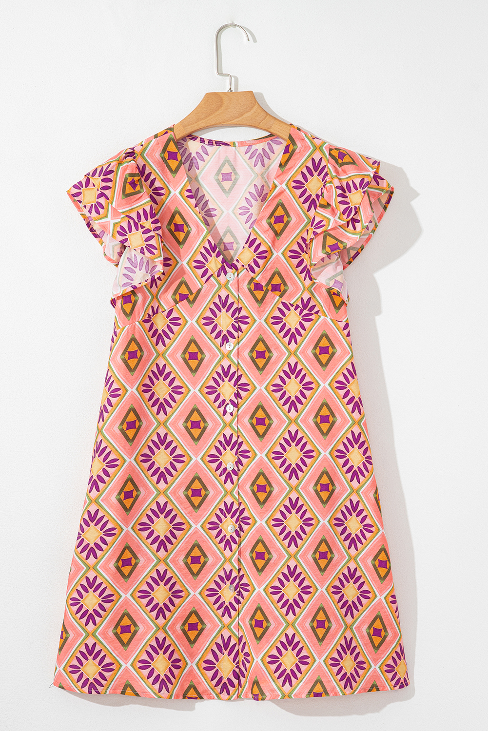 Chic Bohemian Style Orange Floral V Neck Buttoned Mini Dress - Detail View 14 Chic Bohemian Style Orange Floral V Neck Buttoned Mini Dress - Detail View 14