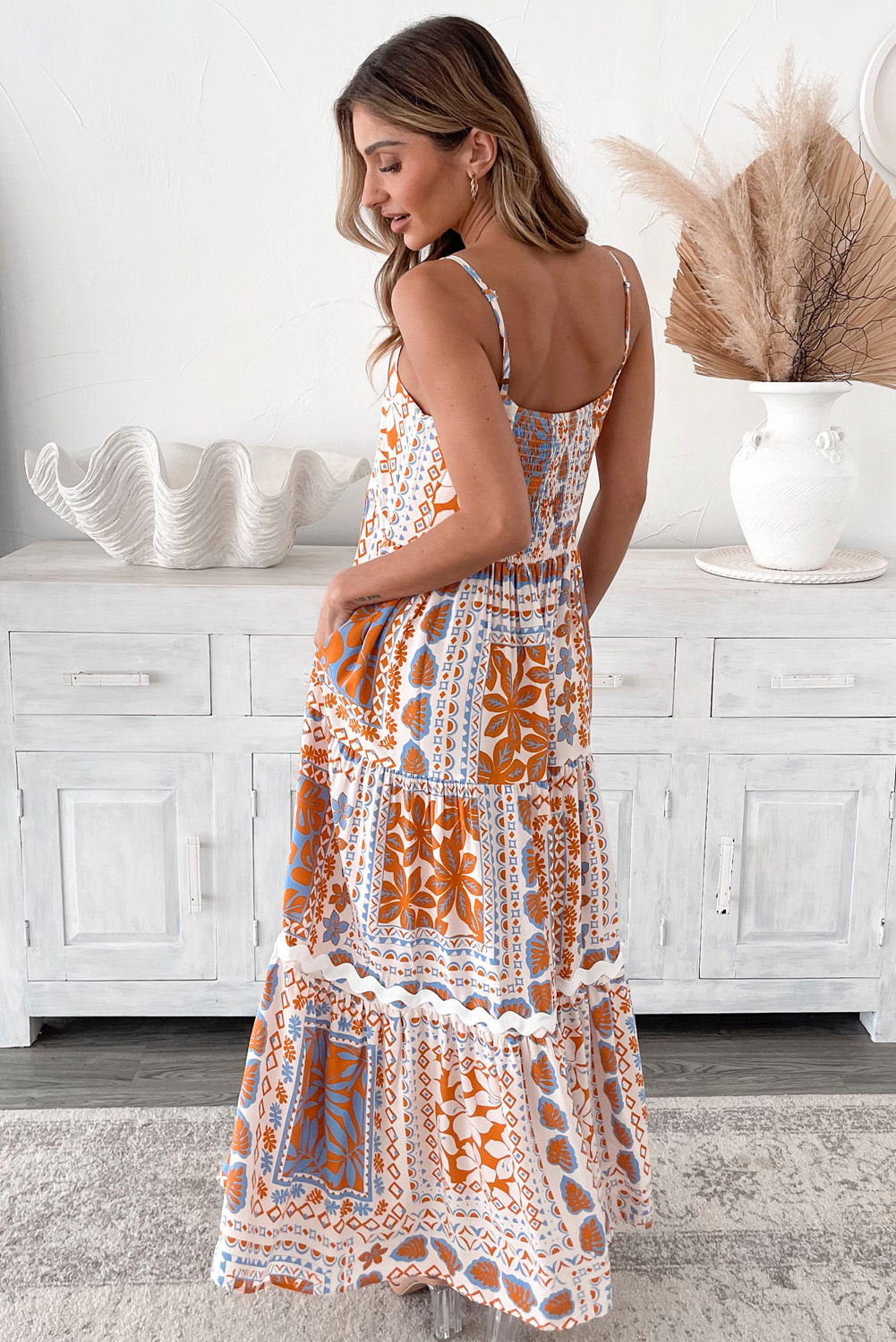 Bohemian Style Floral Maxi Dress - Flowy Fit with Sleeveless Spaghetti Straps - Detail View 2 Bohemian Style Floral Maxi Dress - Flowy Fit with Sleeveless Spaghetti Straps - Detail View 2