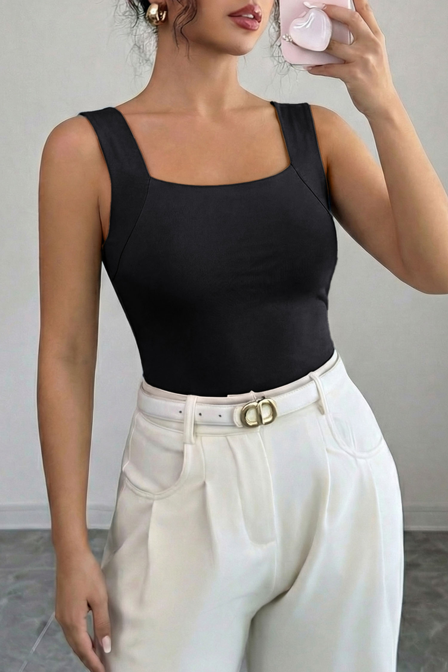 Women's Black Athleisure Tank Top – Solid Square Neck Sleeveless Camisole with Wide Straps for Daily Wear - Detail View 7 Women's Black Athleisure Tank Top – Solid Square Neck Sleeveless Camisole with Wide Straps for Daily Wear - Detail View 7