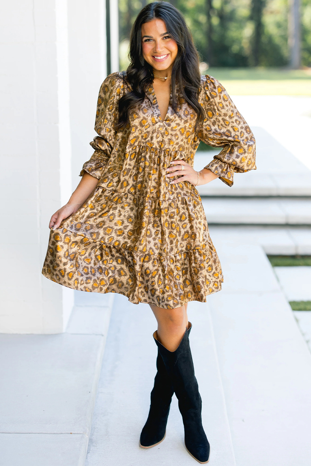 Chic Khaki Leopard Print Tiered Mini Dress – Perfect for Vacation and Everyday Style - Detail View 5 Chic Khaki Leopard Print Tiered Mini Dress – Perfect for Vacation and Everyday Style - Detail View 5