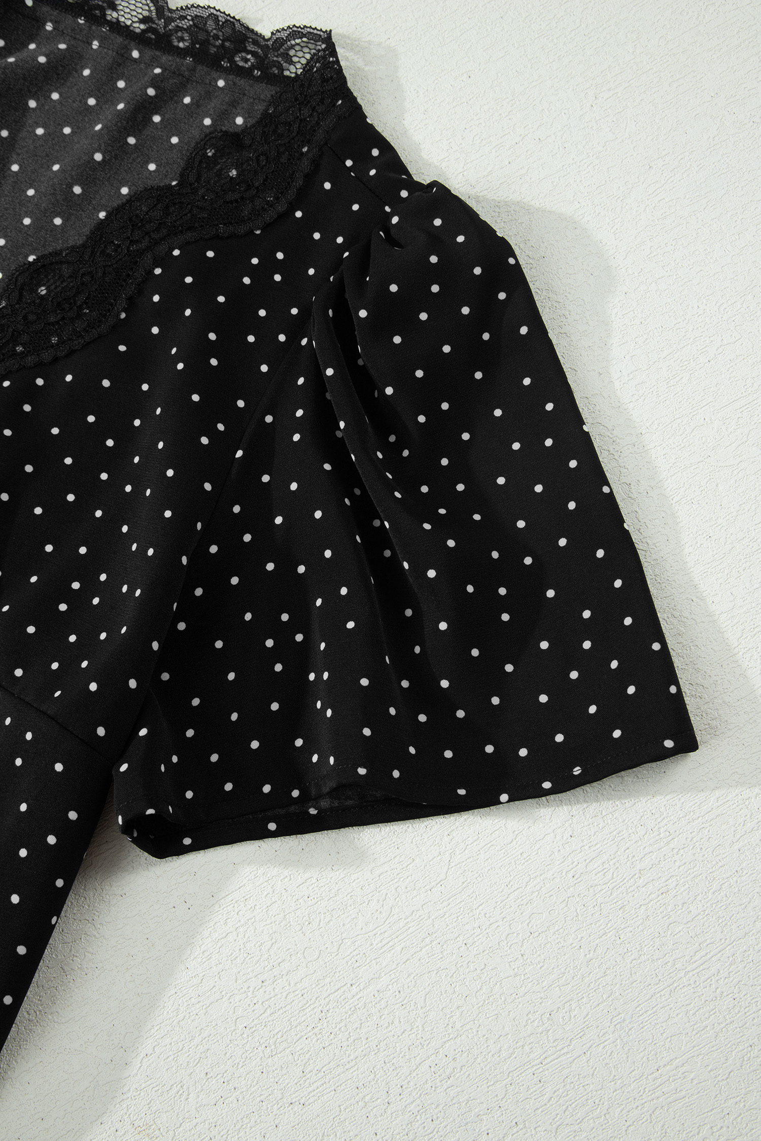 Women's Short Sleeve Polka Dot Print Dress – Elegant Lace Detail Wrap Mini Dress, Stylish Gift for Her - Detail View 9 Women's Short Sleeve Polka Dot Print Dress – Elegant Lace Detail Wrap Mini Dress, Stylish Gift for Her - Detail View 9