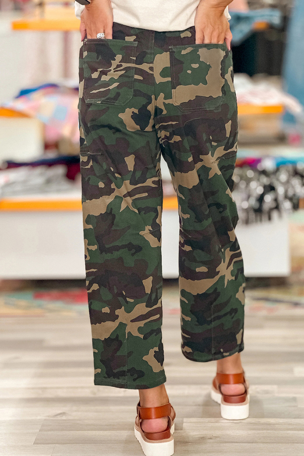 Chic Green Camo Print Wide Leg Jeans for Women – Stylish High Waist Barrel Fit for Autumn Outings - Detail View 2 Chic Green Camo Print Wide Leg Jeans for Women – Stylish High Waist Barrel Fit for Autumn Outings - Detail View 2