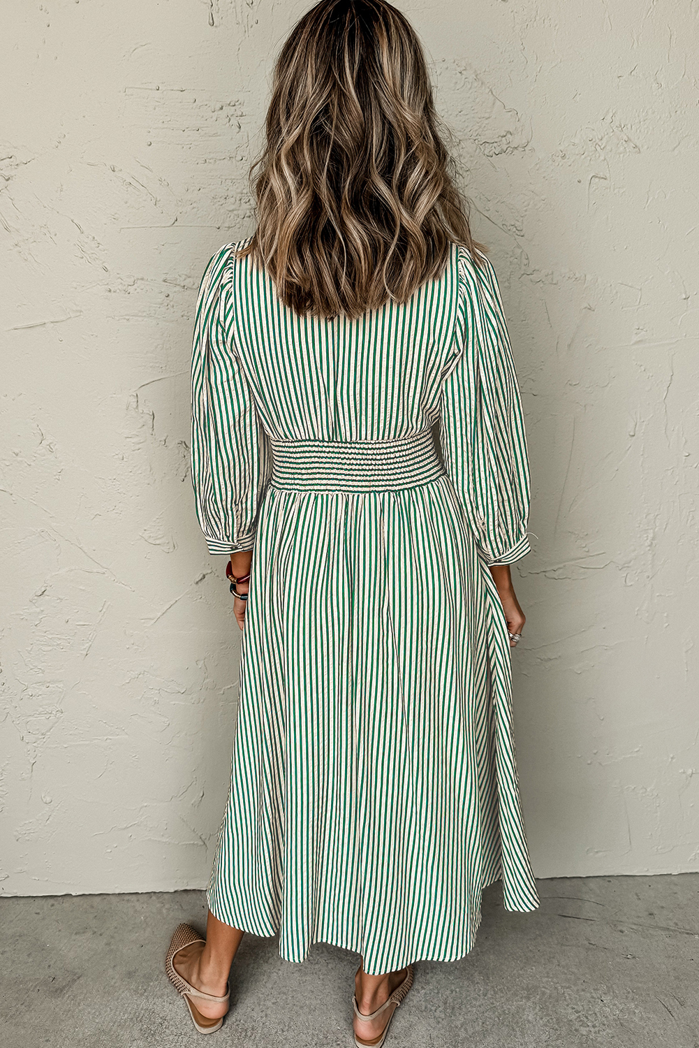 Elegant A-Line Midi Dress with Long Sleeves and Pockets - Green Striped Design - Detail View 2 Elegant A-Line Midi Dress with Long Sleeves and Pockets - Green Striped Design - Detail View 2