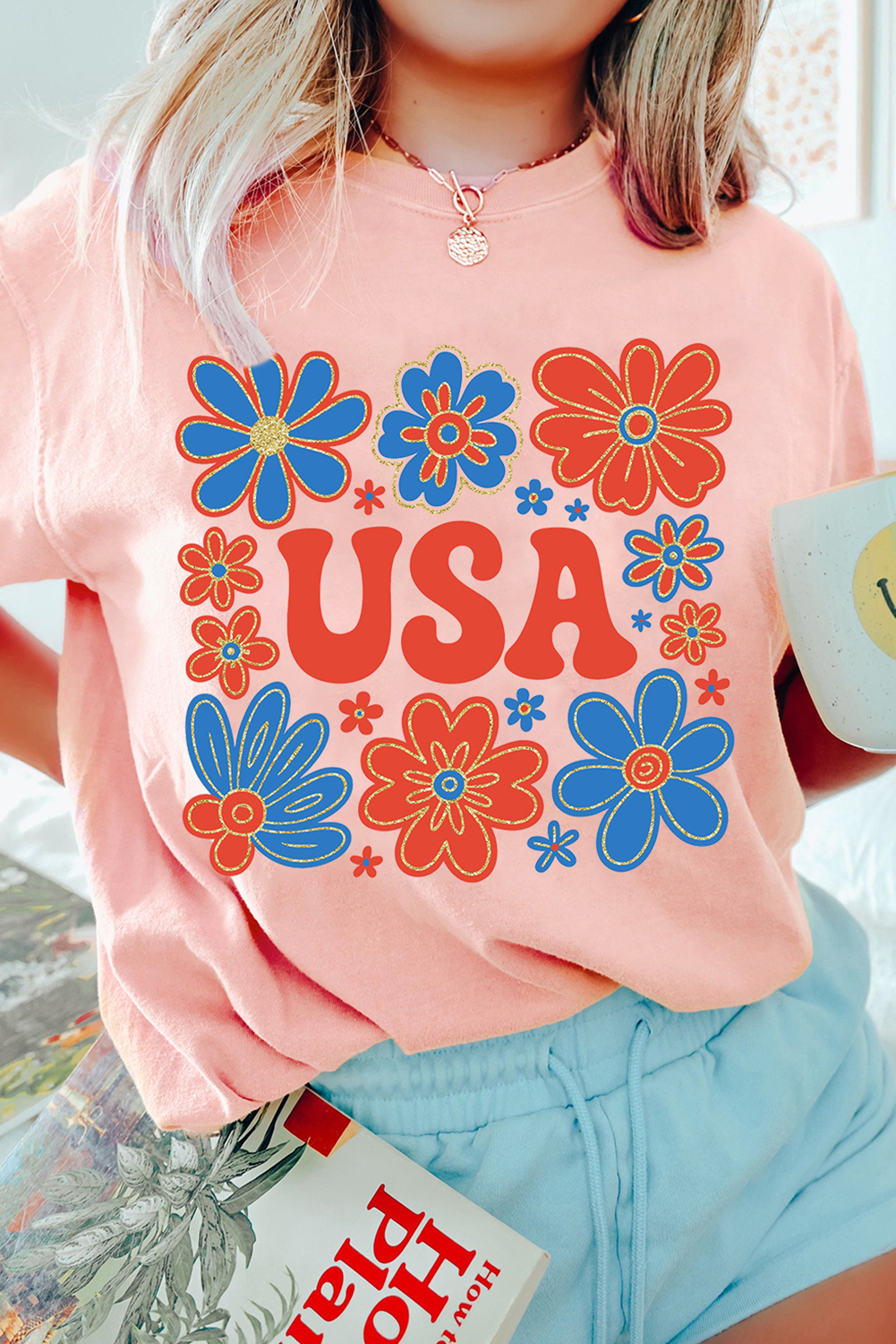 Graphic Tee for Women - Soft Pink Summer Shirt with Cuffed Sleeves and USA Print - Detail View 2 Graphic Tee for Women - Soft Pink Summer Shirt with Cuffed Sleeves and USA Print - Detail View 2
