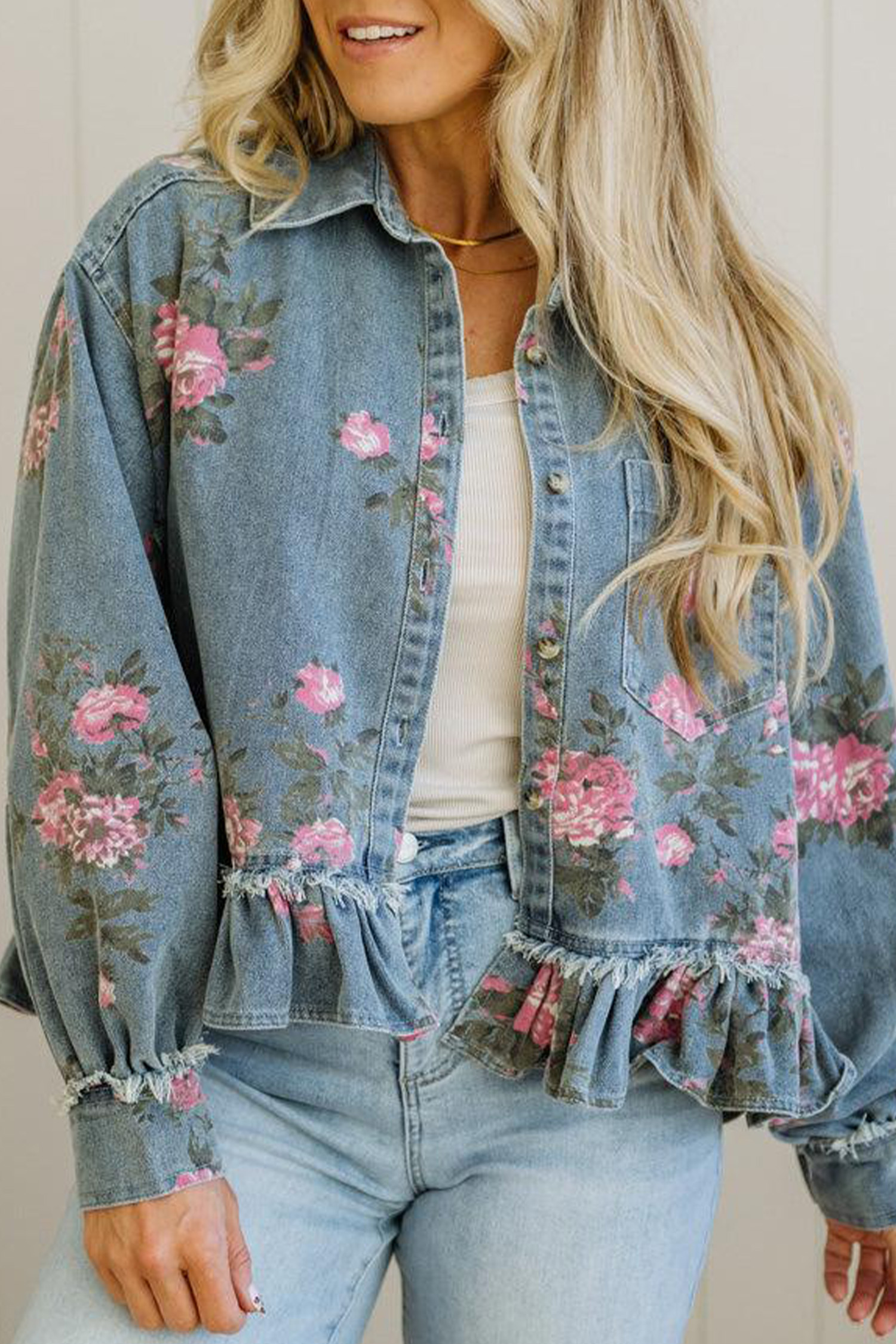 Women's Casual Denim Coat, Floral Print Shirt Collar Jacket - Detail View 12 Women's Casual Denim Coat, Floral Print Shirt Collar Jacket - Detail View 12