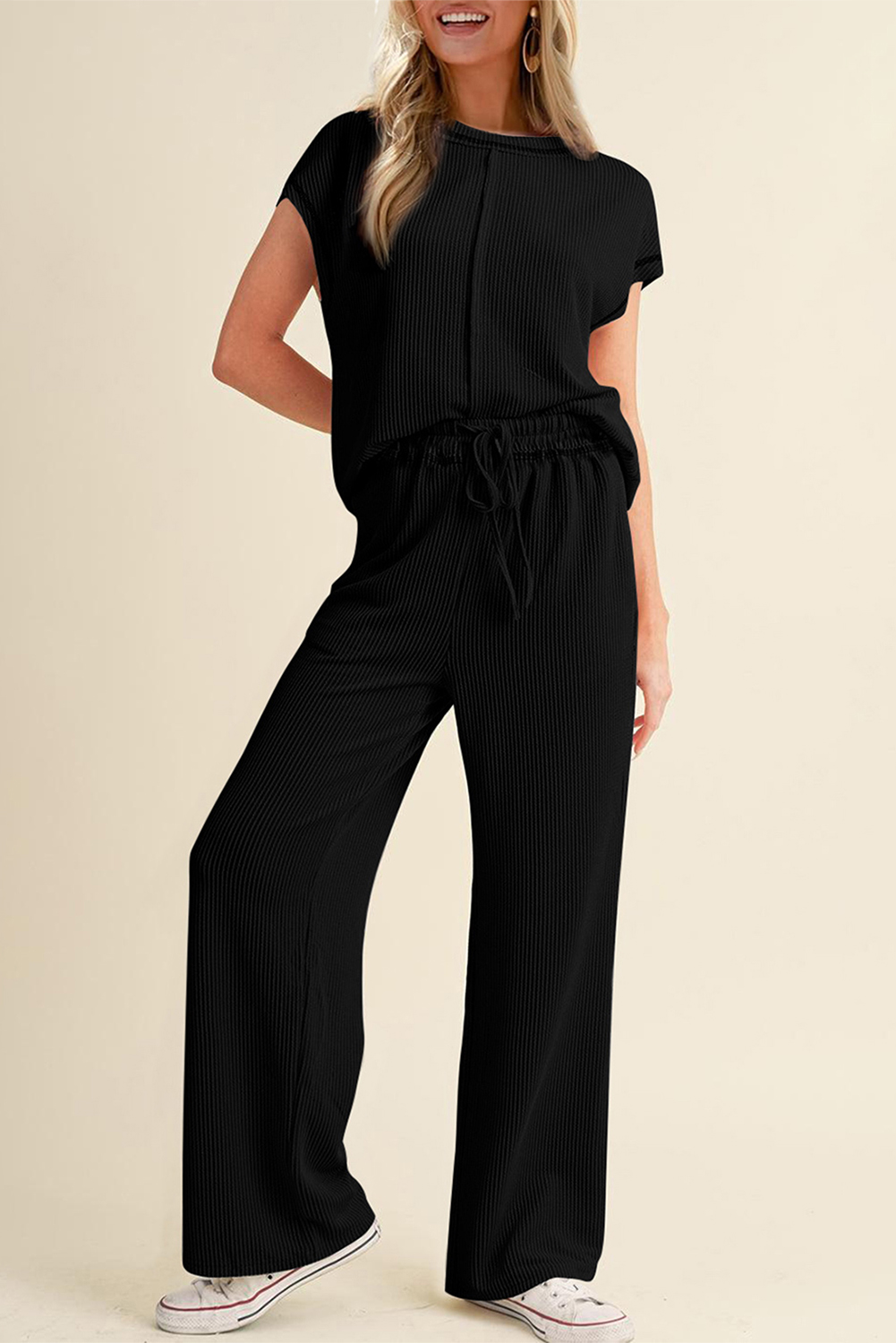Women's Two-Piece Set, Black Outfit, Casual Wear, Short Sleeve Top, Wide Leg Pants, Solid Color, High Waist, Comfortable Style, Everyday Fashion, Summer Style, Corded Accents, Versatile Clothing, Chic Look, Contemporary Design - Detail View 4 Women's Two-Piece Set, Black Outfit, Casual Wear, Short Sleeve Top, Wide Leg Pants, Solid Color, High Waist, Comfortable Style, Everyday Fashion, Summer Style, Corded Accents, Versatile Clothing, Chic Look, Contemporary Design - Detail View 4