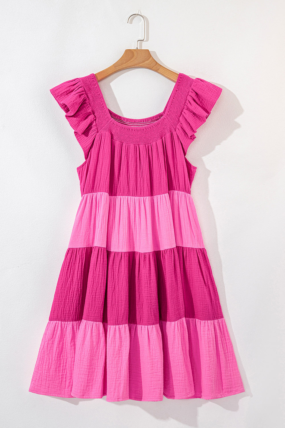 Women's Pink Crinkled Colorblock Patchwork Flutter Tiered Mini Dress - Detail View 9 Women's Pink Crinkled Colorblock Patchwork Flutter Tiered Mini Dress - Detail View 9