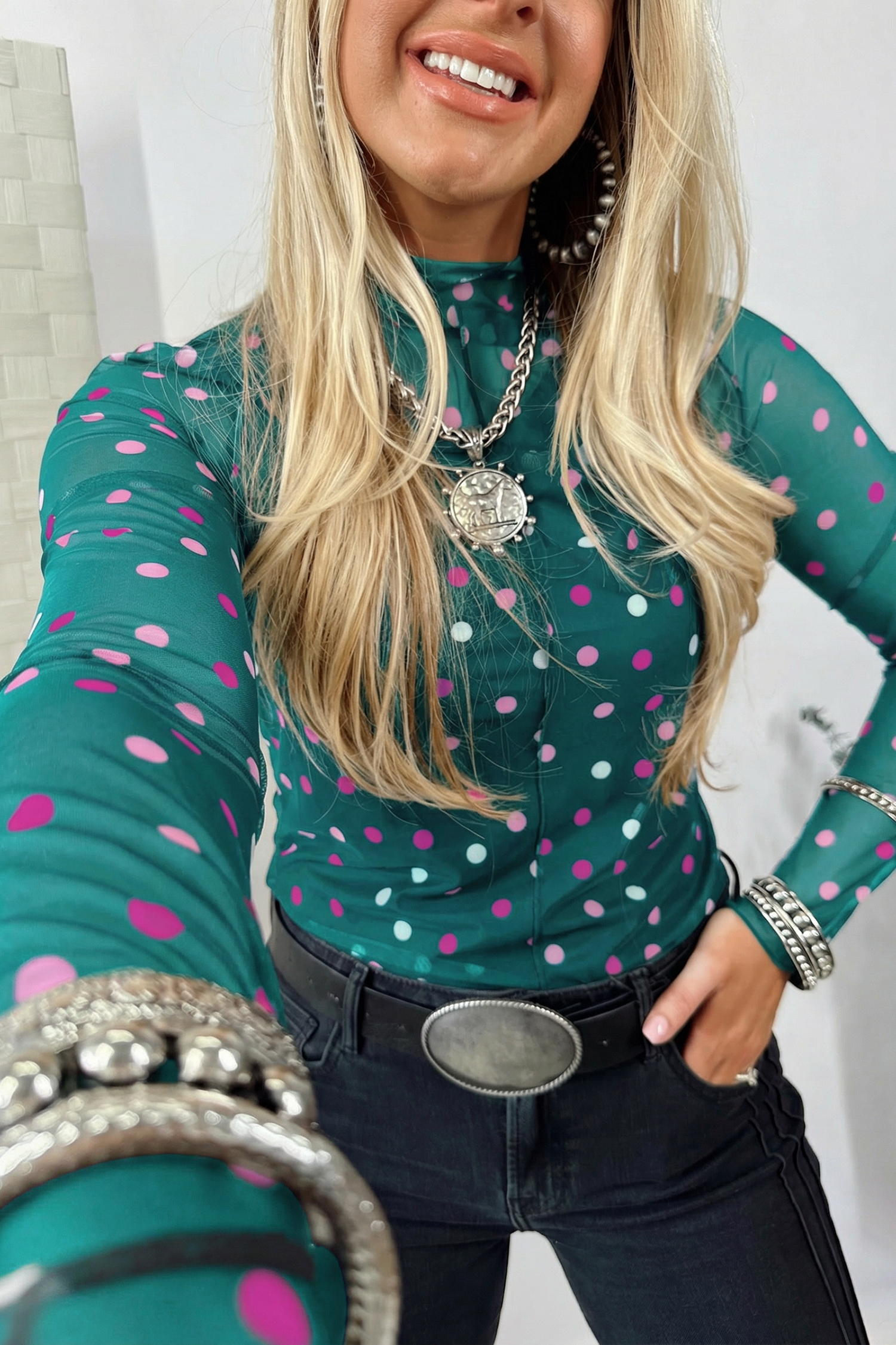 Women's Green Polka Dot Mesh Top – Mock Neck Long Sleeve Sheer Blouse for Date Night - Detail View 7 Women's Green Polka Dot Mesh Top – Mock Neck Long Sleeve Sheer Blouse for Date Night - Detail View 7