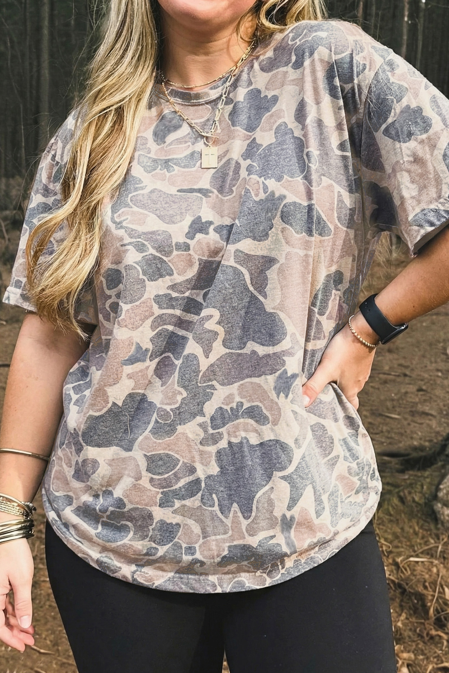Casual Women's Camo Round Neck Top – Multicolour Short Sleeve Plus Size Summer T-Shirt for Daily Wear - Detail View 2 Casual Women's Camo Round Neck Top – Multicolour Short Sleeve Plus Size Summer T-Shirt for Daily Wear - Detail View 2