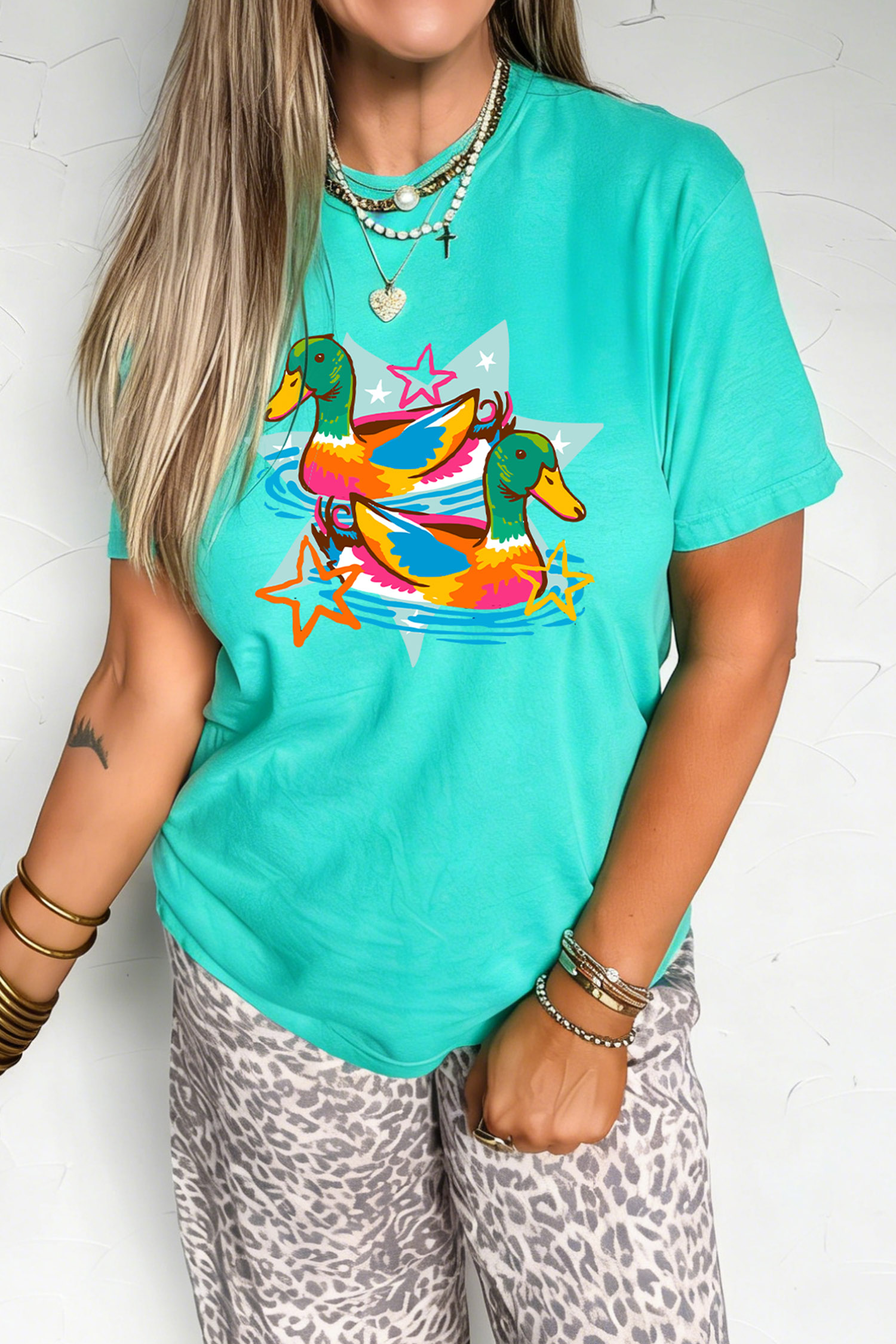 Western Print Duck Graphic Tee, Casual Mint Green Summer Top - Detail View 5 Western Print Duck Graphic Tee, Casual Mint Green Summer Top - Detail View 5