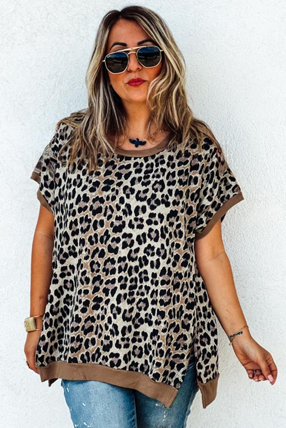 Stylish Plus Size Khaki Leopard Print Top with Contrast Trim for Women - Detail View 6 Stylish Plus Size Khaki Leopard Print Top with Contrast Trim for Women - Detail View 6